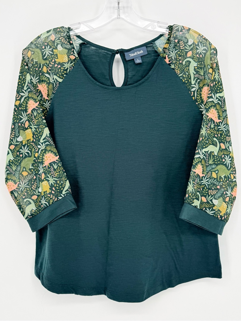 ModCloth Green Dinosaur Raglan Top Large Whimsigoth Quirky Teacher Boho Cottage